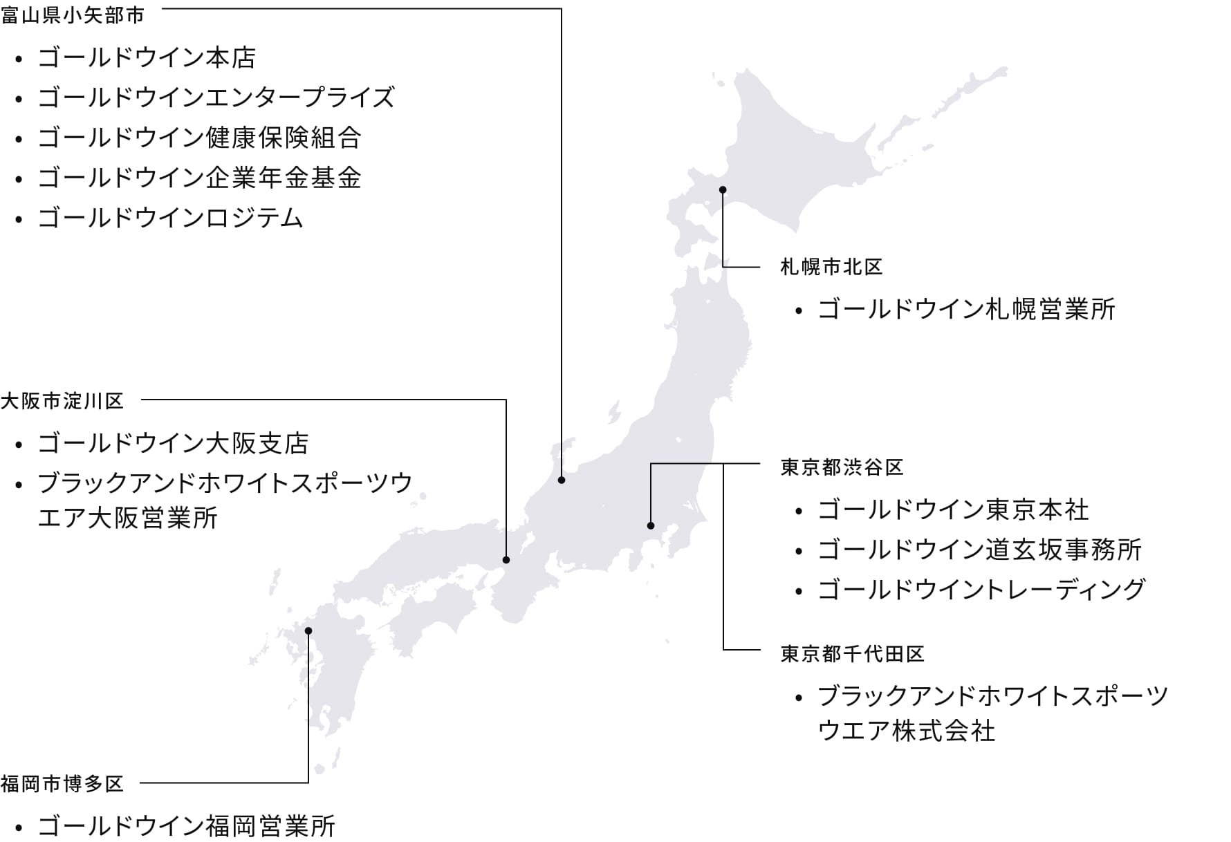 日本地図と事業所の所在地の図