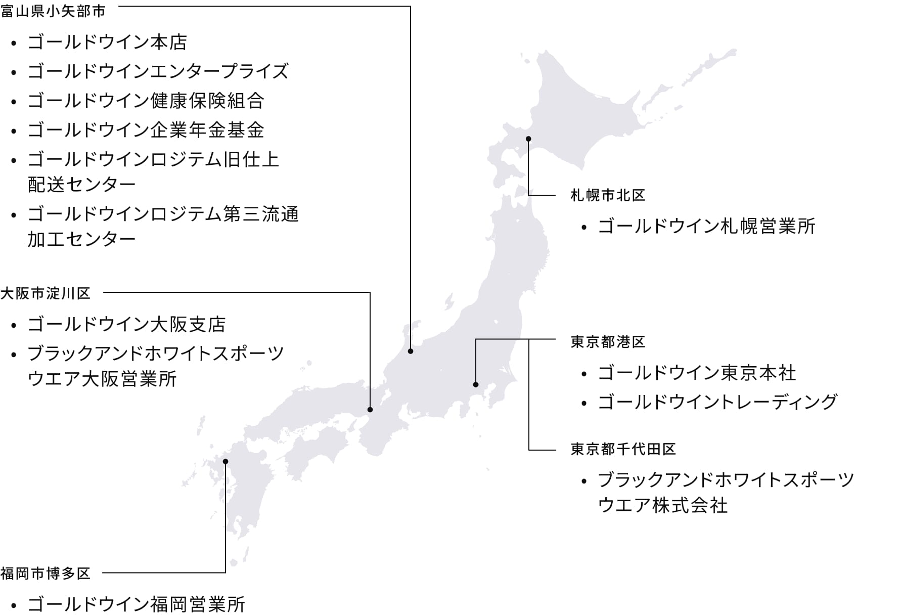 日本地図と事業所の所在地の図